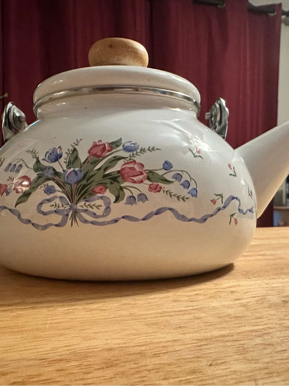 Vintage White Floral Enamel Tea Kettle with Wooden Handle